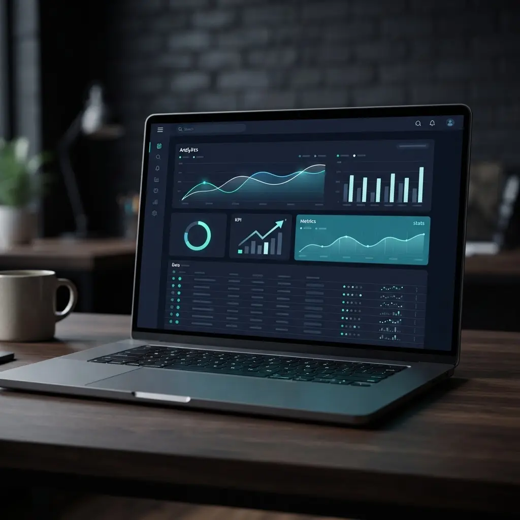 SaaS analytics dashboard with dark theme, charts and data tables